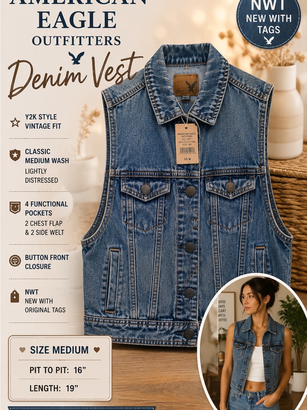 American Eagle Women’s M Denim Vest NWT Medium Wash Y2K Button Front